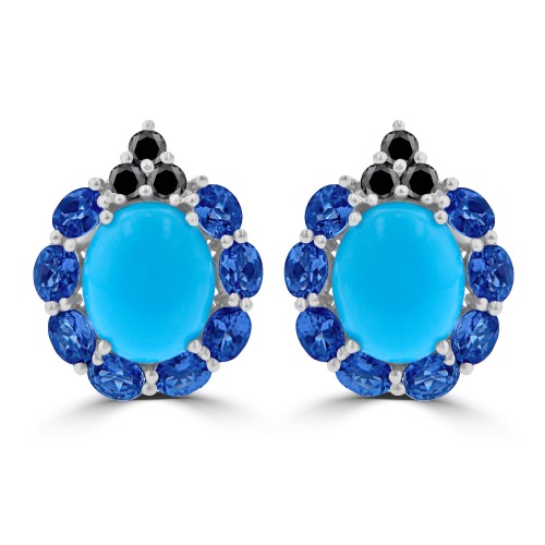 9.71 ct Oval Shaped Turquoise, Tanzanite and Black Diamond Earrings in 14 kt White Gold 9.71 ct Oval Shaped Turquoise, Tanzanite and Black Diamond Earrings in 14 kt White Gold